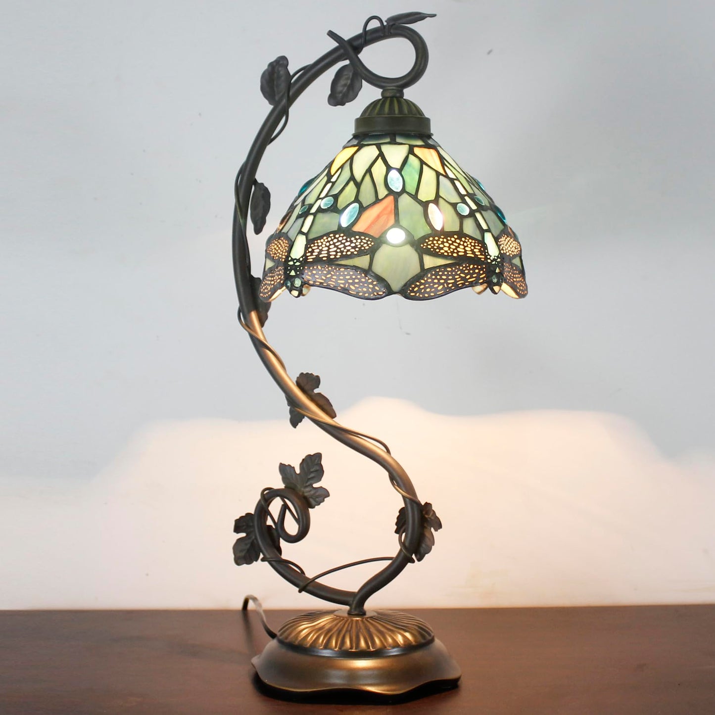 WERFACTORY Tiffany Lamp Sea Blue Stained Glass Dragonfly Style Desk Reading Light, Metal Leaf Table Lamp Base 8X10X21 Inches Decor Small Space Bedside Bedroom Home Office S147 Series