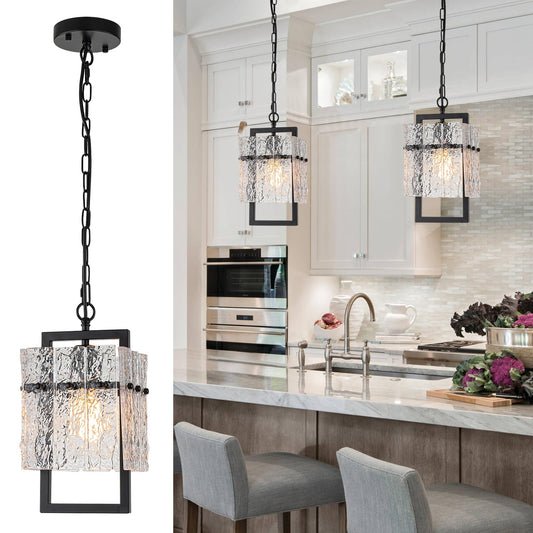 Modern Black Pendant Lights Kitchen Island, Crystal Kitchen Island Lighting with Water Ripple Glass Pendant Light Fixtures Elegant Chandeliers for Dining Room Hallway, Height Adjustable UL Listed