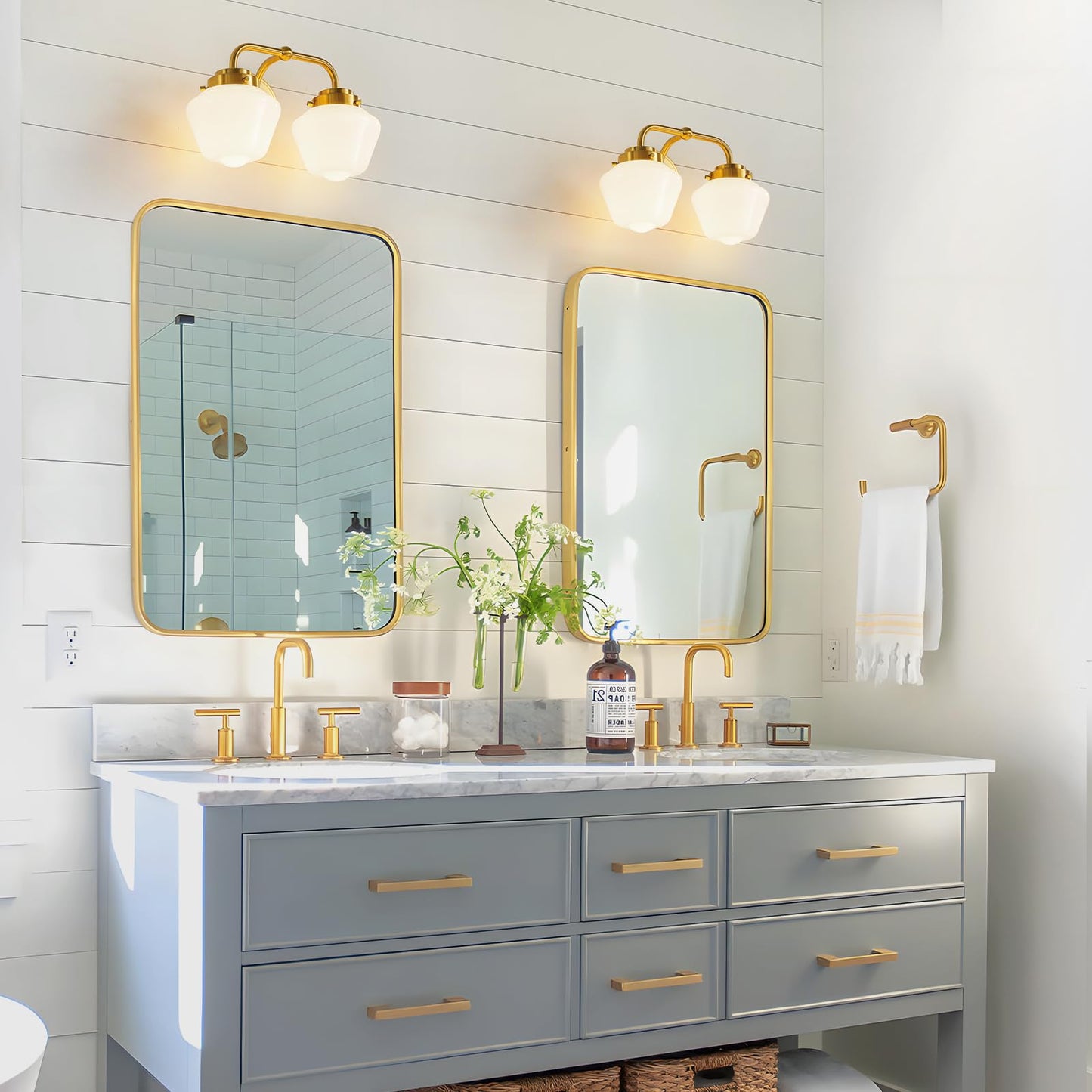 RUIYEY Bathroom Vanity Light Fixtures: 2-Lights Gold Bathroom Lighting Fixtures Over Mirror, Mid-Century Modern Wall Sconces with Frosted Milky Glass for Kitchen Bedroom Hallway