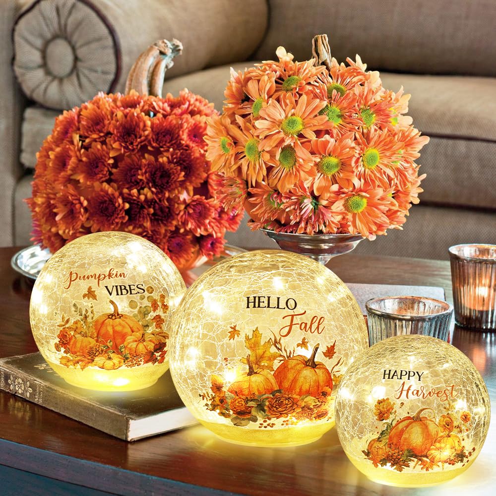 NEEDOMO Fall Table Decor, Set of 3 Sparkling Crackle Glass Ball with LED Lights Timer Pumpkin Gnomes for Thanksgiving Decor, Autumn Centerpieces Thanksgiving Decorations for HomeTabletop Mantel Indoor