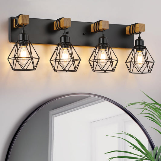 4 Light Farmhouse Vanity Light for Bathroom, Wood Bathroom Vanity Light Fixtures Over Mirror, Rustic Sconces Wall Lighting with Metal Lampshade for Living Room, Bedroom, Hallway