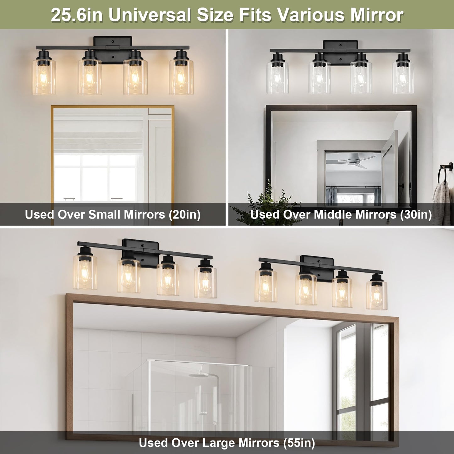 Unicozin Modern Bathroom Light Fixtures, 4 Light Vanity Lights Over Mirror, Black Wall Lamp with Clear Glass for Living Room Cabinet Bedroom Porch