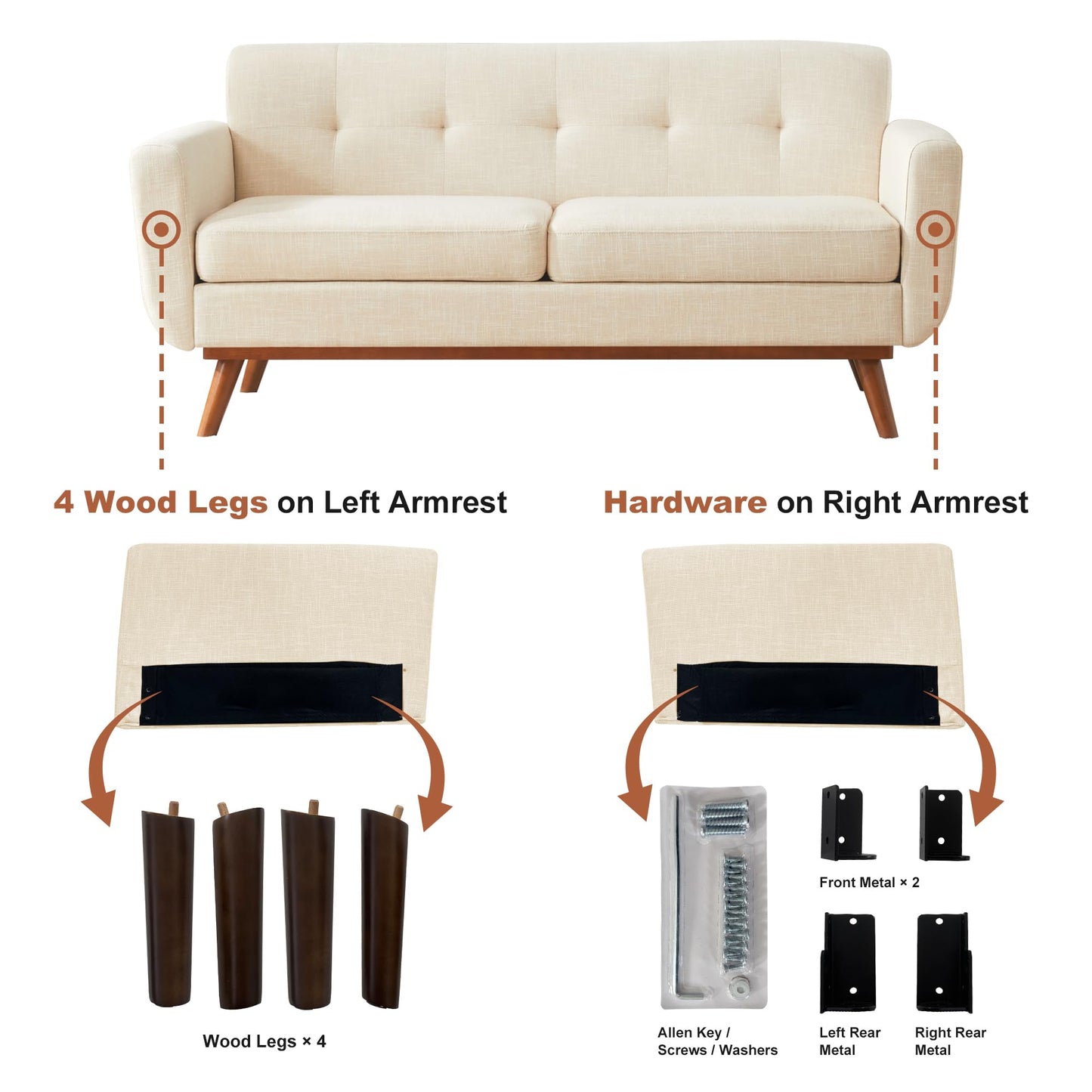 Kingfun 65.2" W Loveseat Sofa, Mid Century Modern Decor Love Seat Couches for Living Room, Button Tufted Upholstered Furniture, Solid & Easy to Install Small Couch for Bedroom Office Apartment, Beige