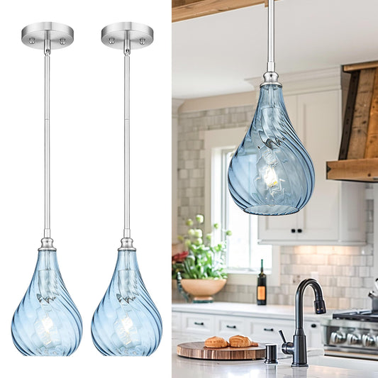 TENGXIN 2 Pack Kitchen Pendant Lighting Over Island 6 Inch,Hanging Pendants Light,Brushed Gold Finished Striped Glass Pendant Light,Farmhouse Pendant Light for Dining Room,Bedroom
