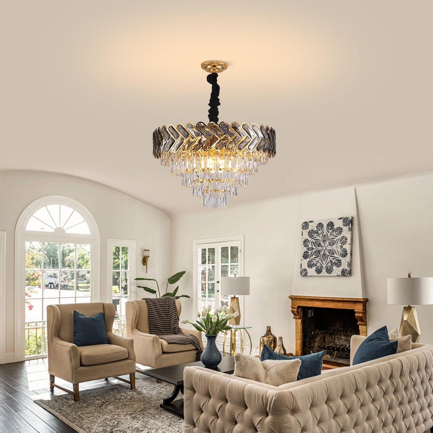 AVLRM 24" Gold Modern Crystal Chandelier Top K9 Round Crystals Chandeliers Adjustable Ceiling Light Fixture 5-Tier Crystal Pendant Lamp 9-Light for Dinning Room Living Room Foyer