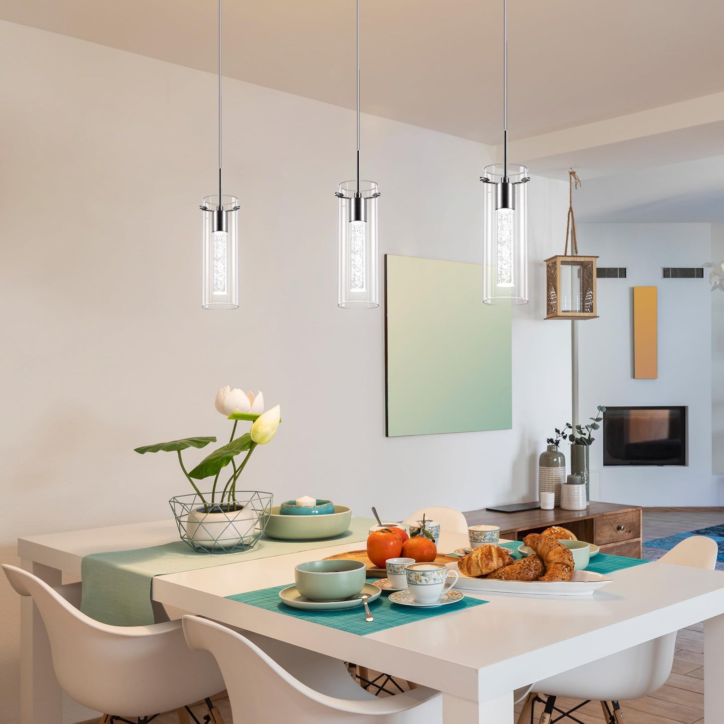 Esfos Pendant Ceiling Light Fixture, LED Kitchen Lighting Crystal Pendant Lights Kitchen Island, 1-Light Integrated Kitchen Hanging Light Fixture Modern Island Light with Bubble Glass Three Pack