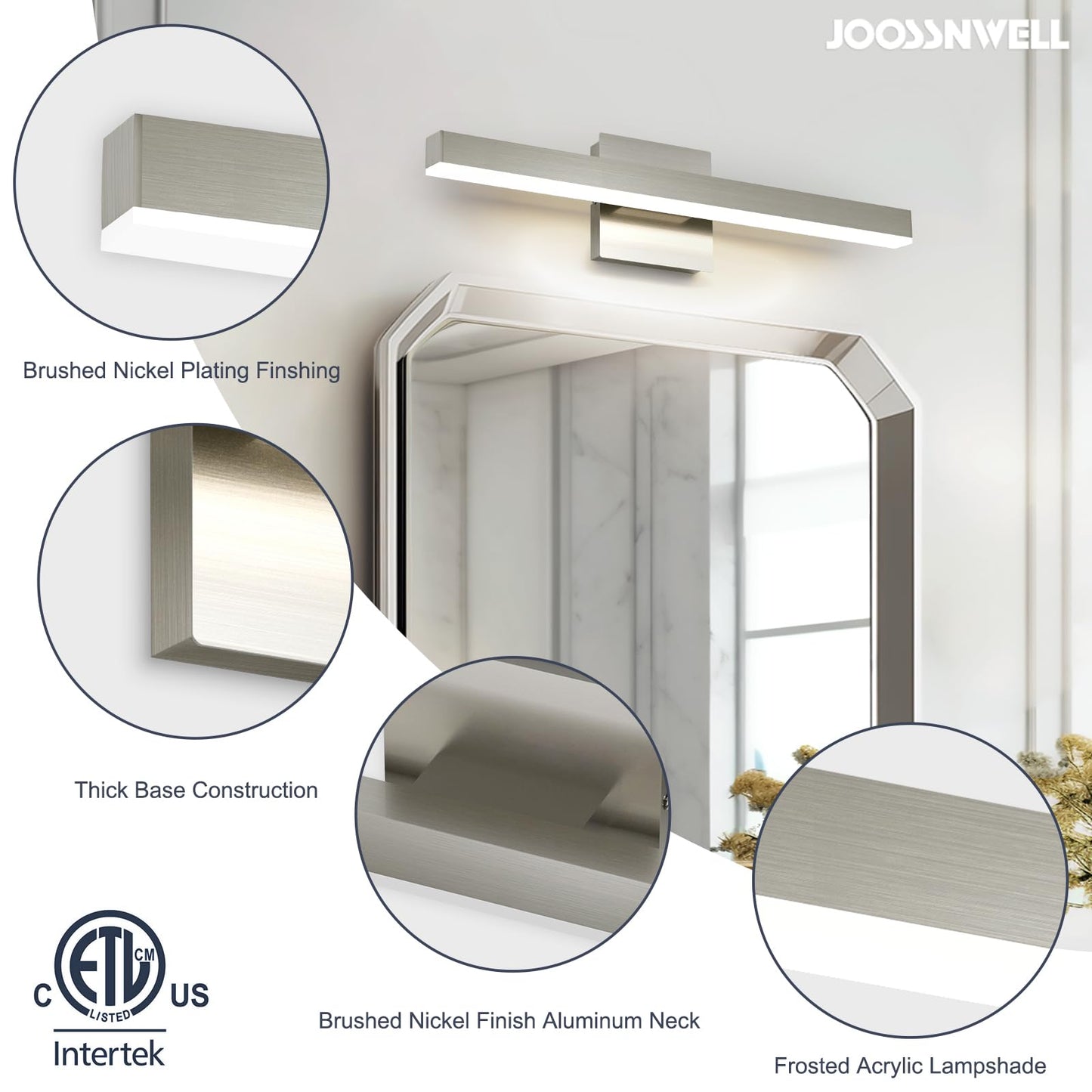 Joossnwell Bathroom Vanity Light Brushed Nickel Bathroom Light Fixtures Over Mirror 23.62 inch 5CCT Dimmable Modern LED Vanity Lighting Bar ETL Certificated
