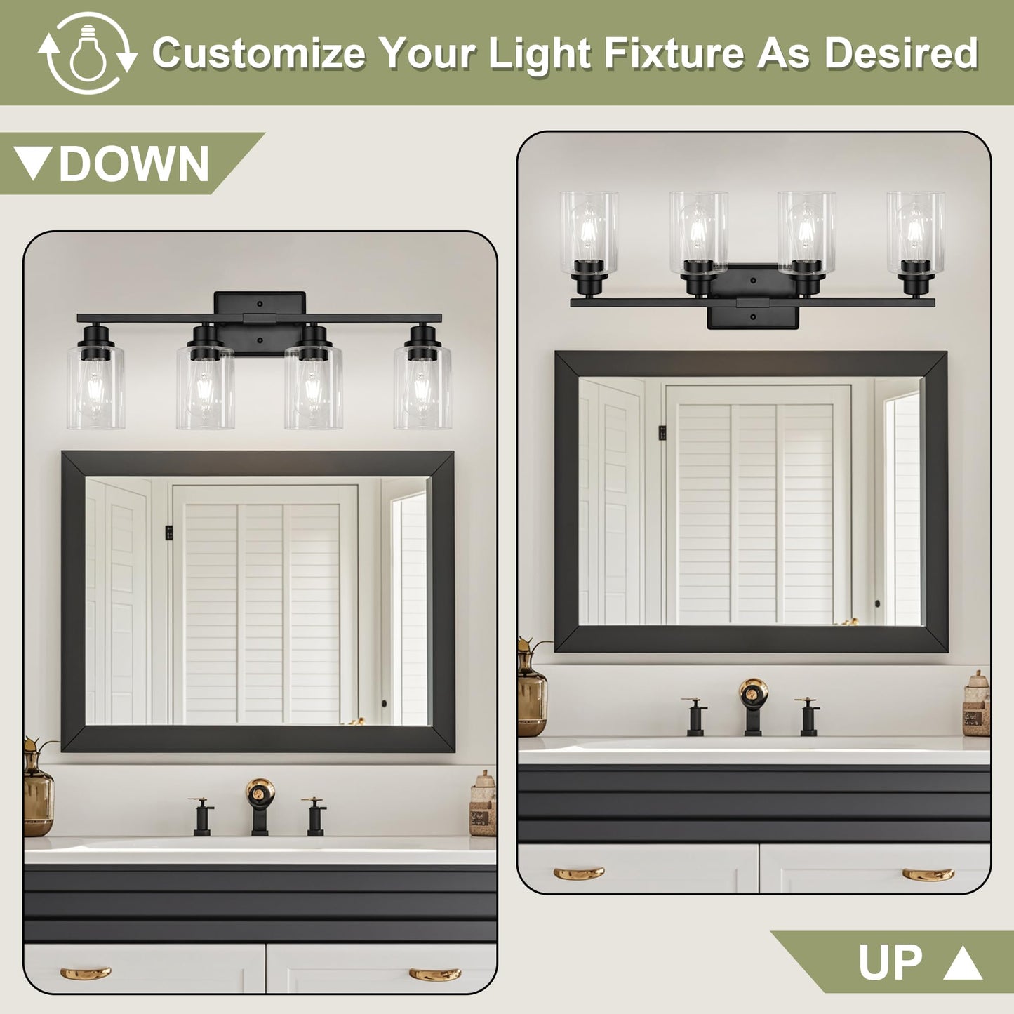 Unicozin Modern Bathroom Light Fixtures, 4 Light Vanity Lights Over Mirror, Black Wall Lamp with Clear Glass for Living Room Cabinet Bedroom Porch
