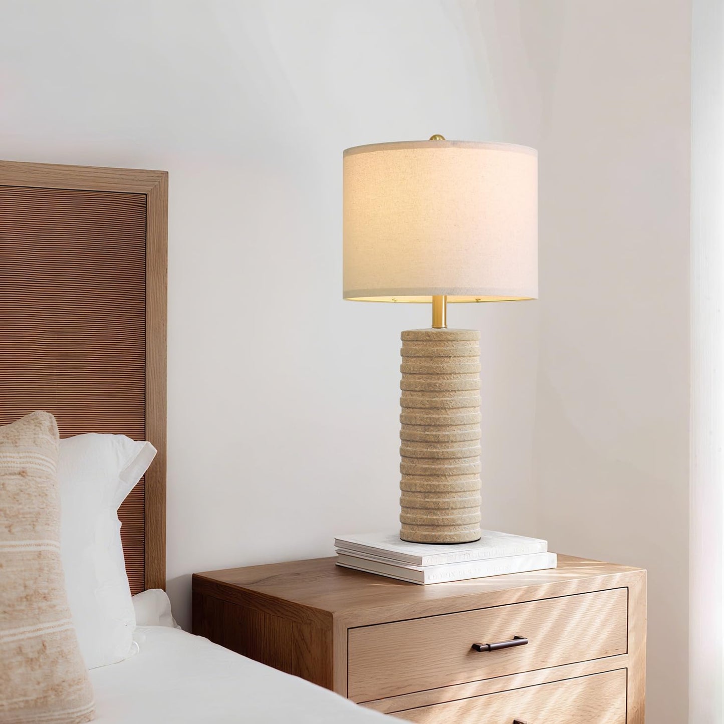 PoKat 27" Farmhouse Ceramic Table Lamps Set of 2 for Bedroom, Stone-Like Boho Nightstands Lamps for Night Stands, Distressed Beige Bedside Lamps with Natural Textured for Living Room, Sand-Colored