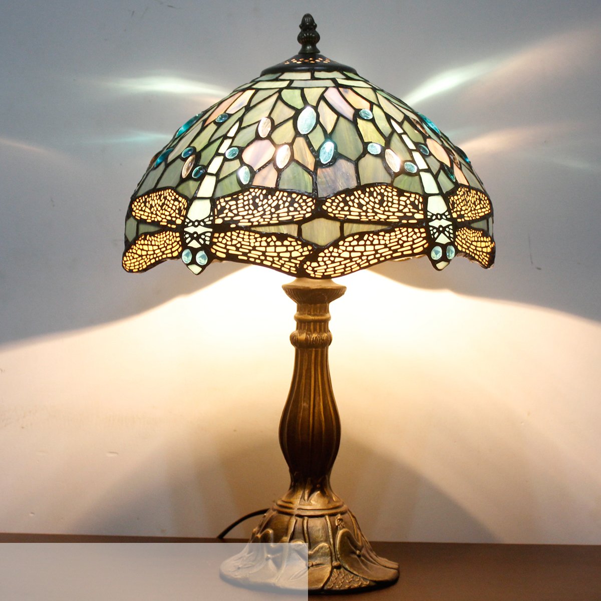 WERFACTORY Tiffany Lamp Sea Blue Stained Glass Table Lamp 12X12X18 Inches Dragonfly Style Desk Reading Light S147 Series