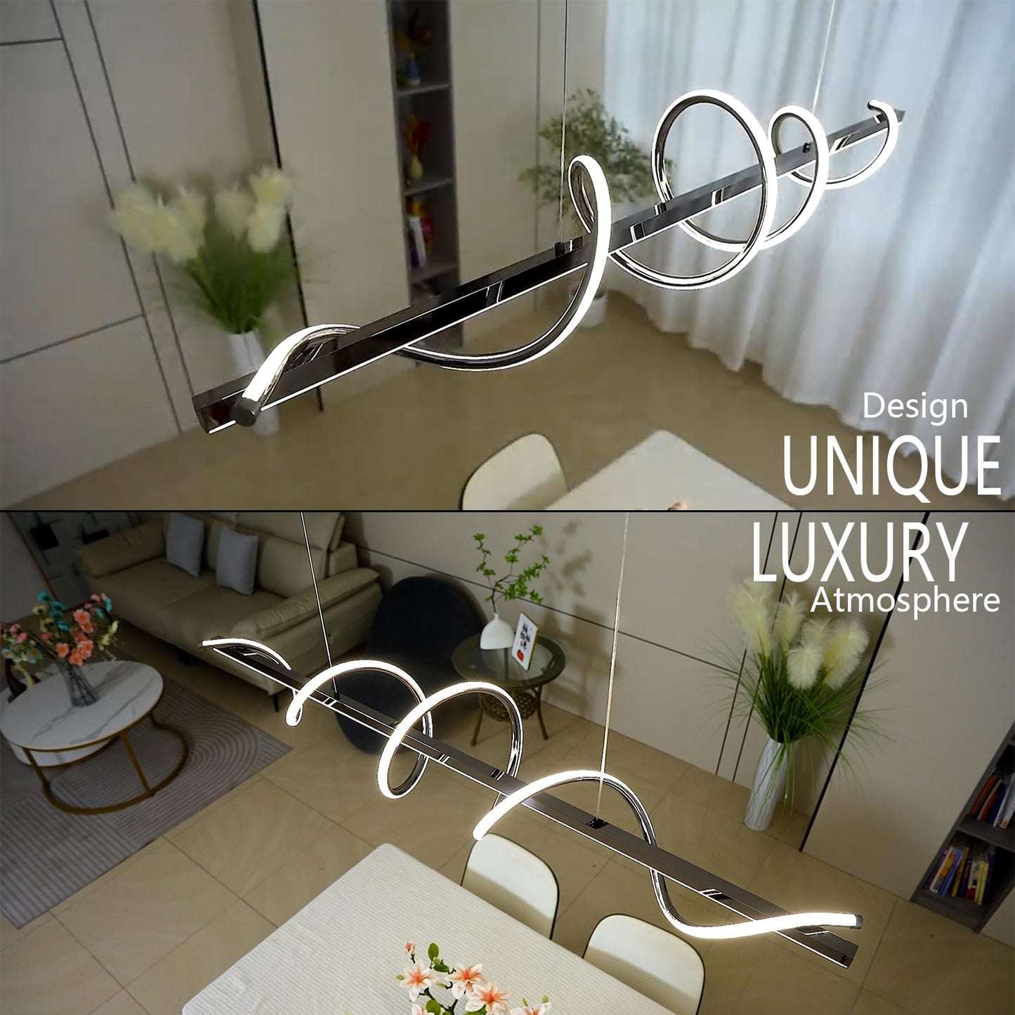 Likflyer Modern Led Pendant Light for Kitchen Island Lighting 47.24" Black Modern Chandelier Dining Room Lighting Fixture Over Table Dimmable Ceiling Pendant Lights Creative Snake-Shaped Twist Design