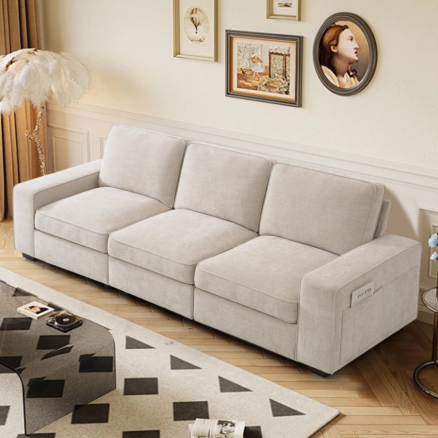 TEKAMON 100" Modular Sofa with Seats Storage, Comfy 3-Seater Chenille Fabric Couch for Living Room, Office, Apart W/Deep Seat, Wide Arms, Side Pockets, USB, Upholstered Couch W/Removable Cover