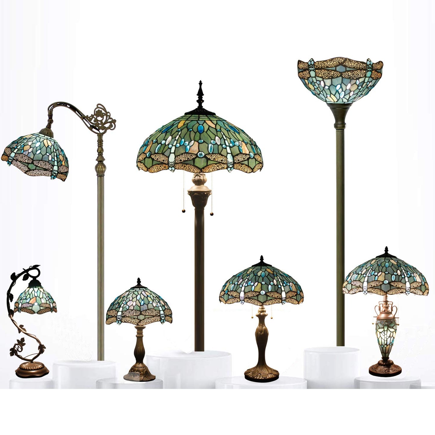 WERFACTORY Tiffany Lamp Sea Blue Stained Glass Table Lamp 12X12X18 Inches Dragonfly Style Desk Reading Light S147 Series