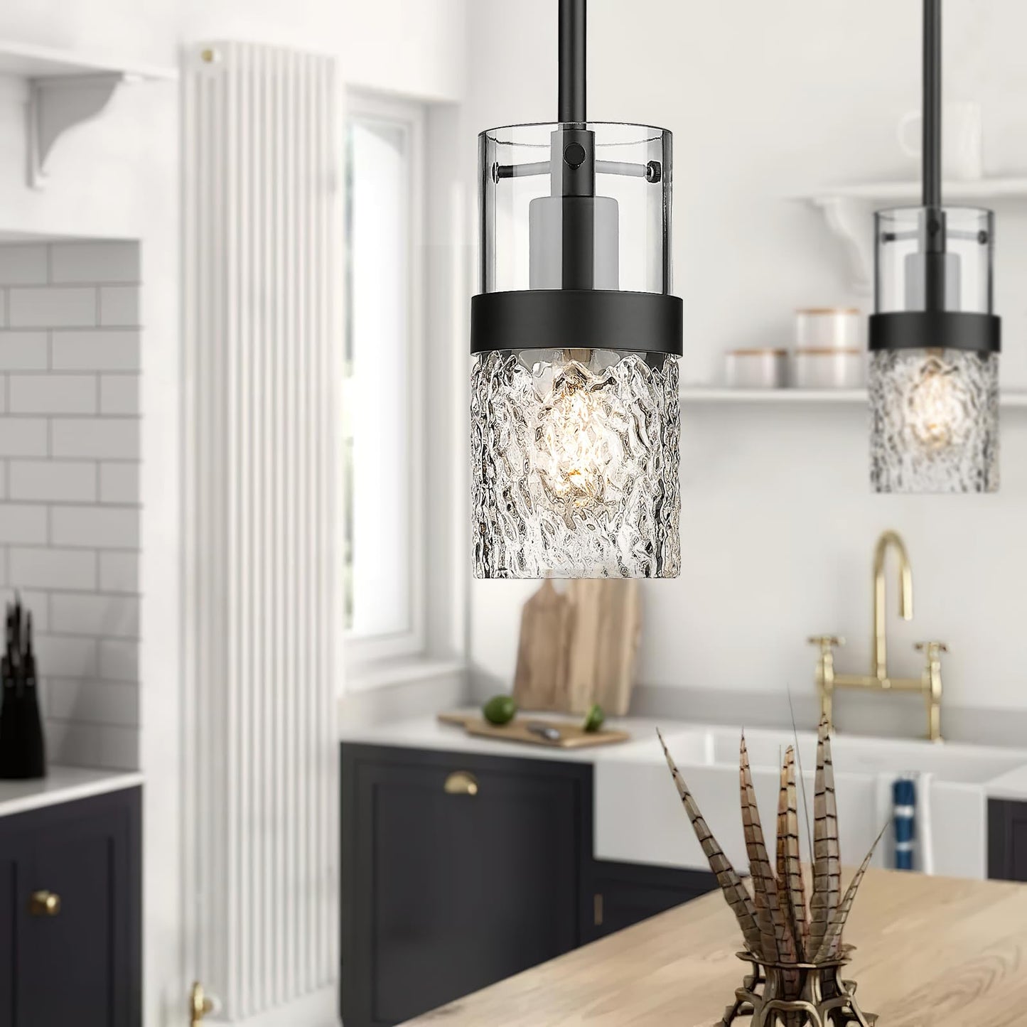 LMS 2-Pack Modern Matte Black Pendant Light, Adjustable Hanging Pendant Lighting with Hammered Glass, Tiltable Pendant Lighting for Kitchen Island, Bathroom, Bedroom, LMS-201