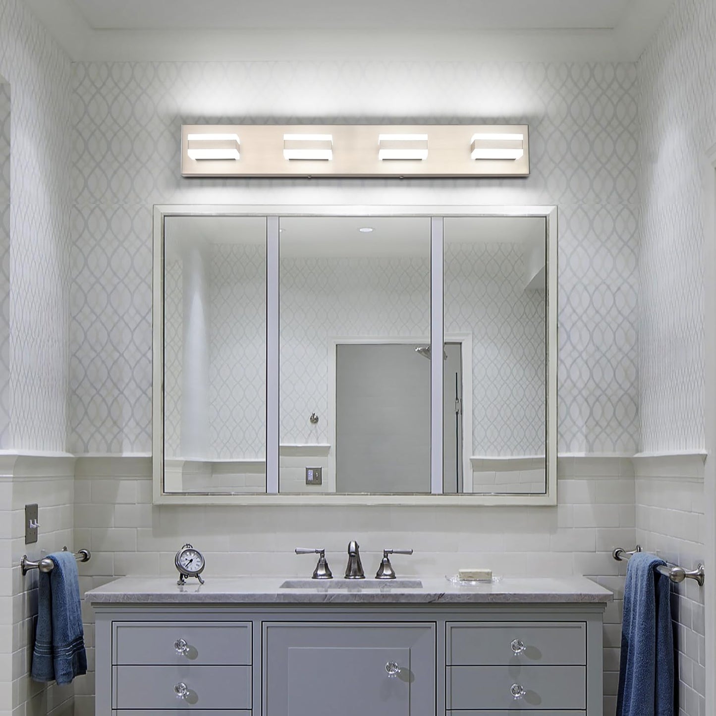 SOLFART Bathroom Vanity Lights Brushed Nickel Light Fixtures for Bathroom Above Mirror 4 Light Led Lights Bath Lighting Fixture Nickel