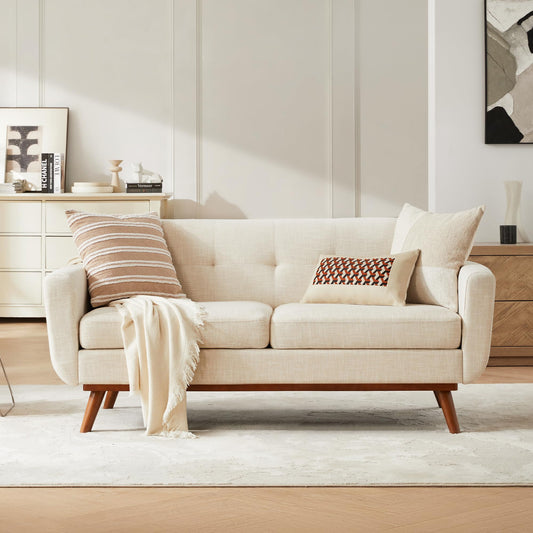 Kingfun 65.2" W Loveseat Sofa, Mid Century Modern Decor Love Seat Couches for Living Room, Button Tufted Upholstered Furniture, Solid & Easy to Install Small Couch for Bedroom Office Apartment, Beige