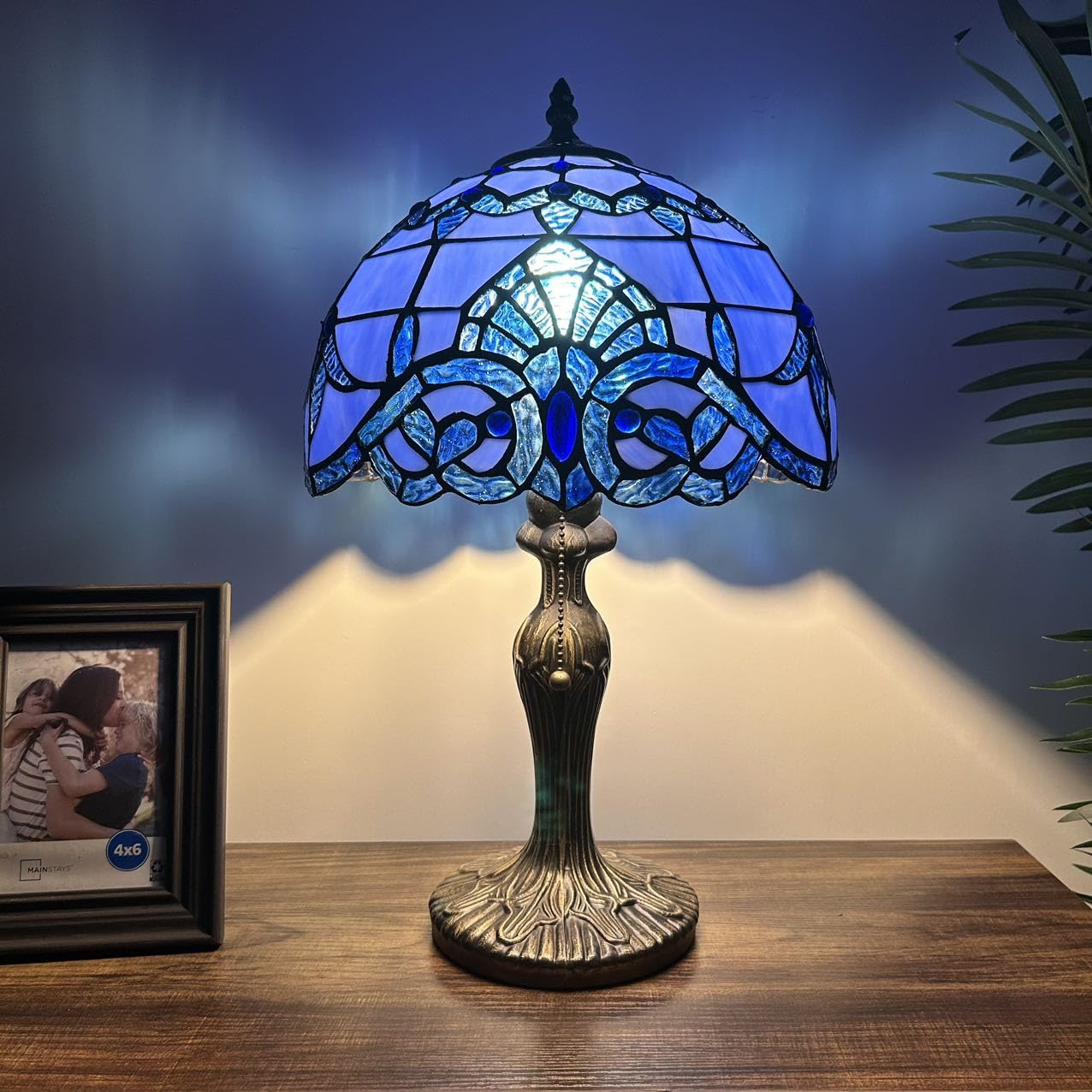 Tiffany Table Lamp Blue Stained Glass Baroque Style LED Bulb Included for Living Room Bedroom Bedside 12" W*12" D*19" H