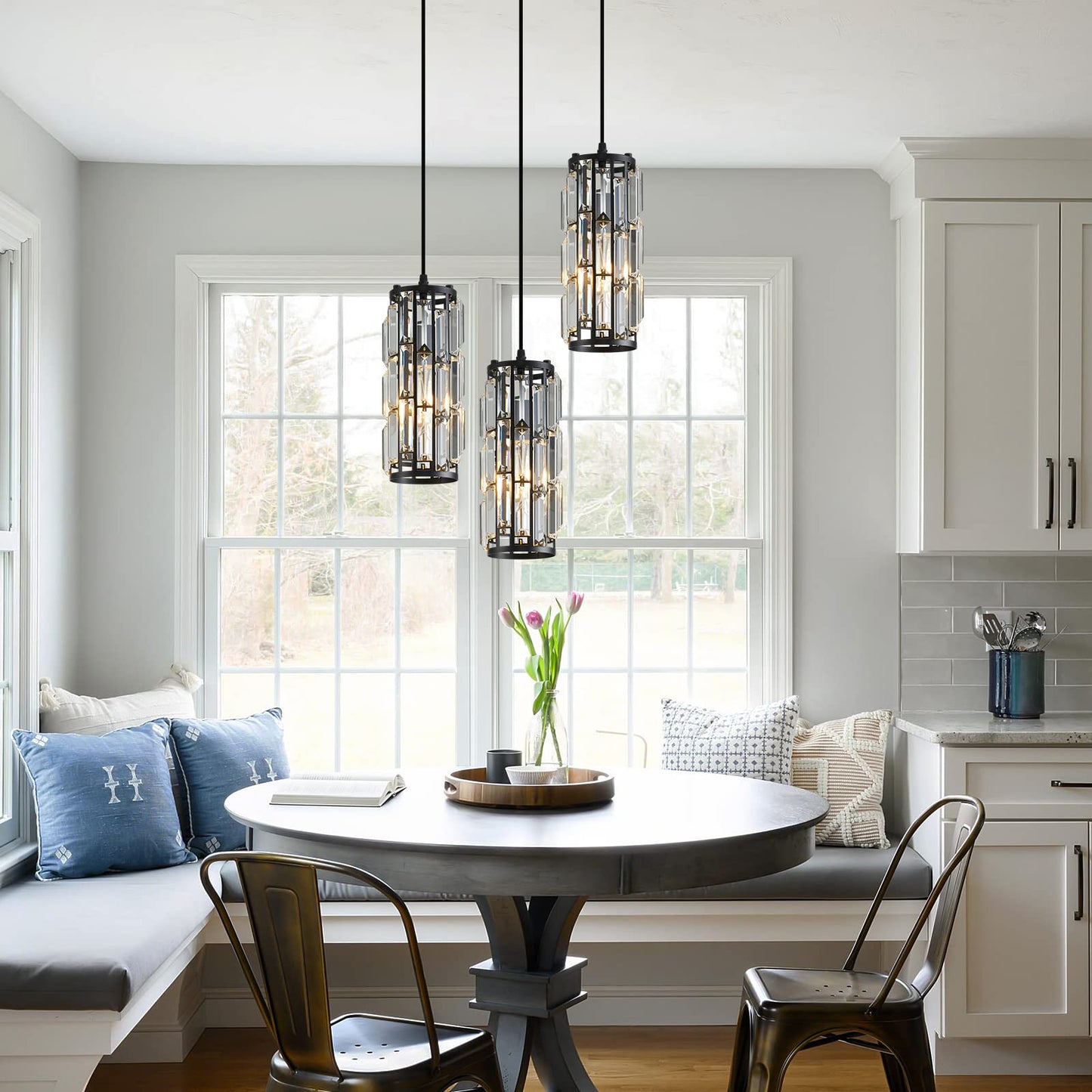 XLHYTF Black Pendant Lighting Modern Pendant Lighti，Pendant Lights Kitchen Island Crystal Pendant Light Fixture，Mini Crystal Chandeliers for Kitchen, Dining Room and Bedroom (3 Pack)
