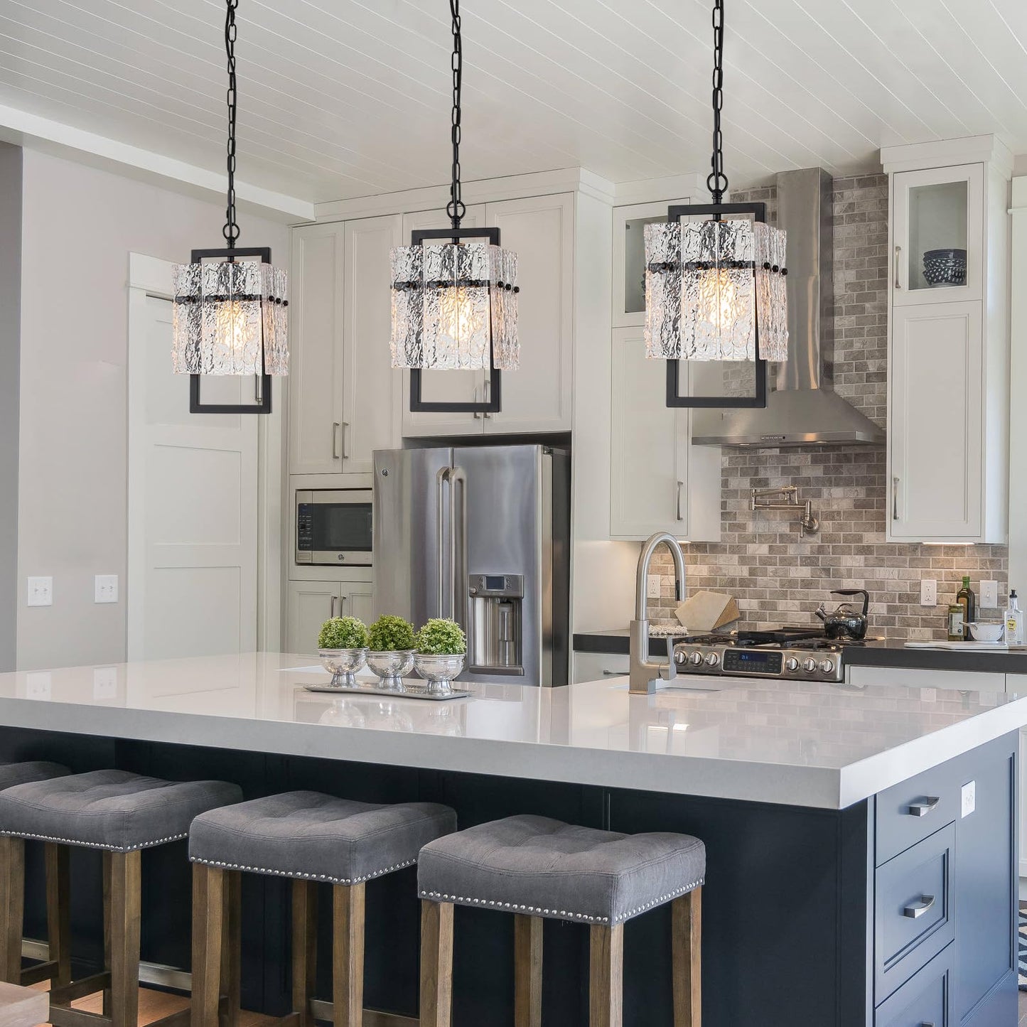 Modern Black Pendant Lights Kitchen Island, Crystal Kitchen Island Lighting with Water Ripple Glass Pendant Light Fixtures Elegant Chandeliers for Dining Room Hallway, Height Adjustable UL Listed