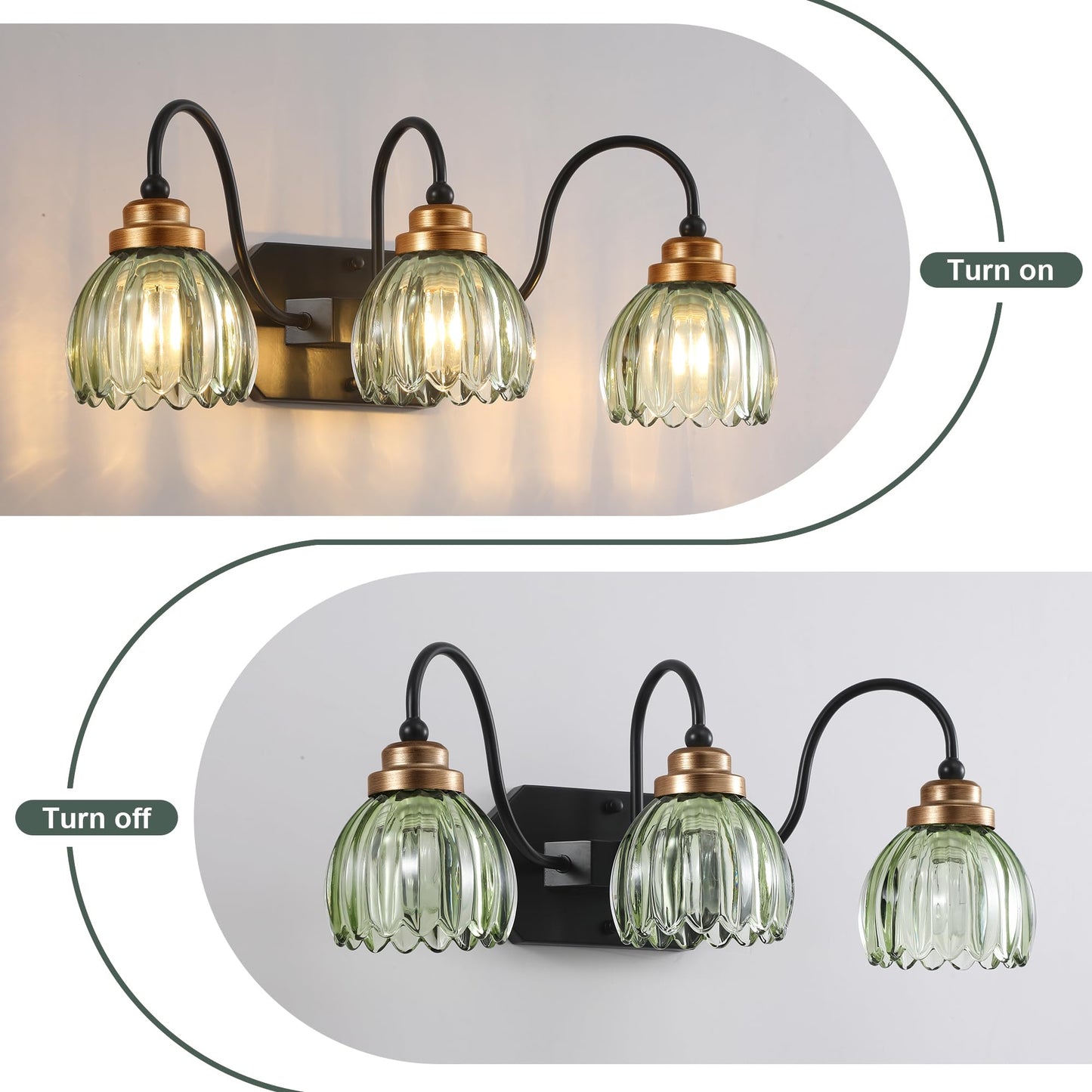Vintage Bathroom Vanity Light, Bathroom Lighting Fixtures Over Mirror, Mid Century Style Farmhouse Light Fixtures with Green Glass Shades, Black Finish Wall Mount for Bedroom (Green, 3-Light)