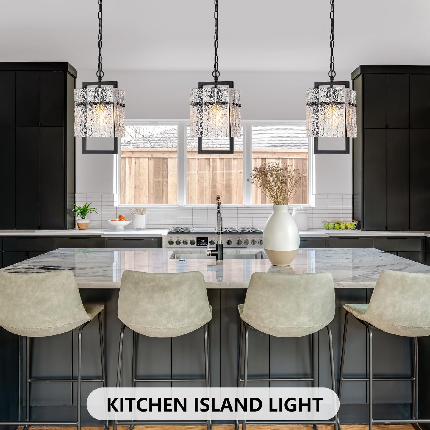 Modern Black Pendant Lights Kitchen Island, Crystal Kitchen Island Lighting with Water Ripple Glass Pendant Light Fixtures Elegant Chandeliers for Dining Room Hallway, Height Adjustable UL Listed