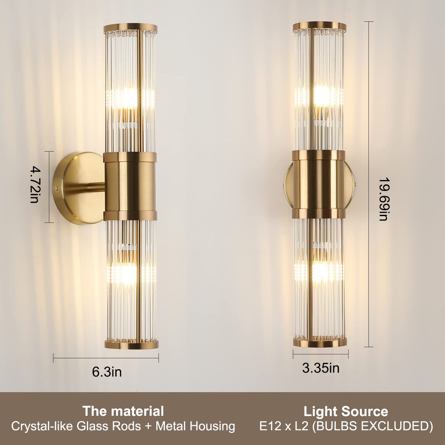 ECOBRT Glass Rods Wall Light Fixture Indoor Brass Bathroom Vanity Lights Beside Mirror Lighting Lamps Up and Down Wall Mounted Light E12 Socket
