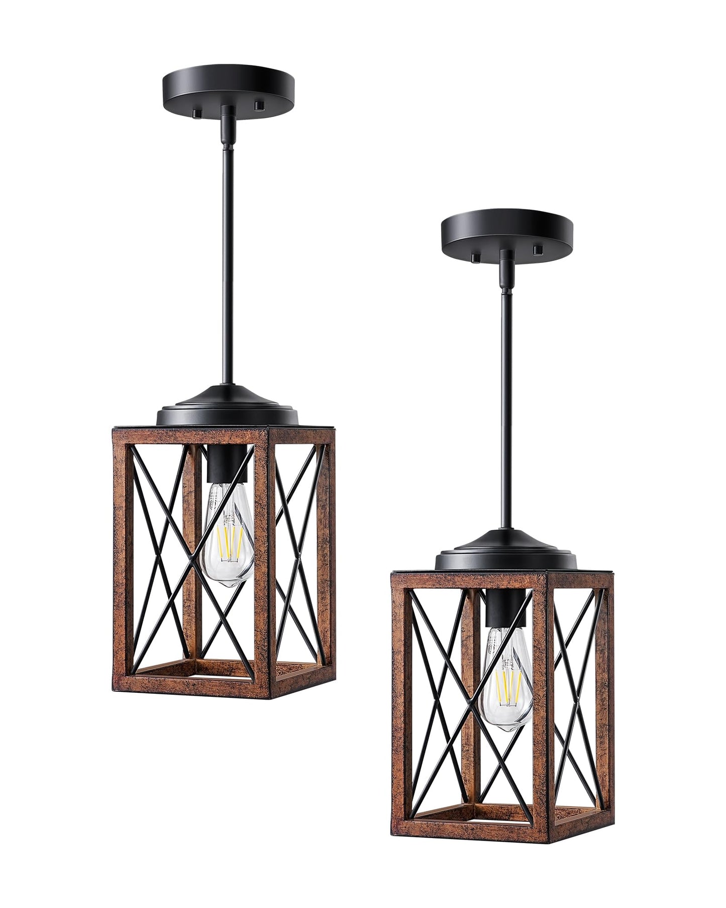 DEWENWILS 2 Pack Farmhouse Pendant Light, Metal Hanging Light Fixture with Wooden Grain Finish, 48 Inch Adjustable Pipes for Flat and Slop Ceiling, Kitchen Island, Bedroom, Dining Hall, ETL Listed