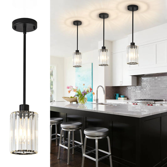 GZJunYo Black Pendant Light Fixtures, 3 Pack Modern Mini Crystal Kitchen Pendant Lighting Over Island, 1-Light Pendant Lights for Kitchen Island, Dining Room, Hallway, Foyer, Entryways