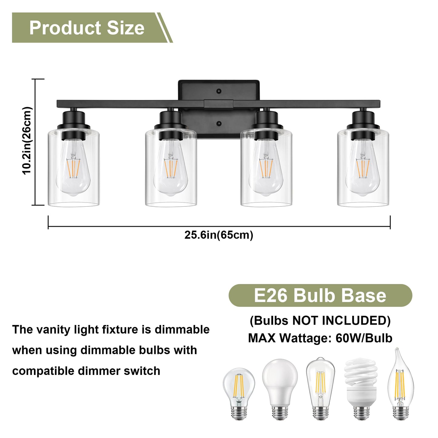 Unicozin Modern Bathroom Light Fixtures, 4 Light Vanity Lights Over Mirror, Black Wall Lamp with Clear Glass for Living Room Cabinet Bedroom Porch