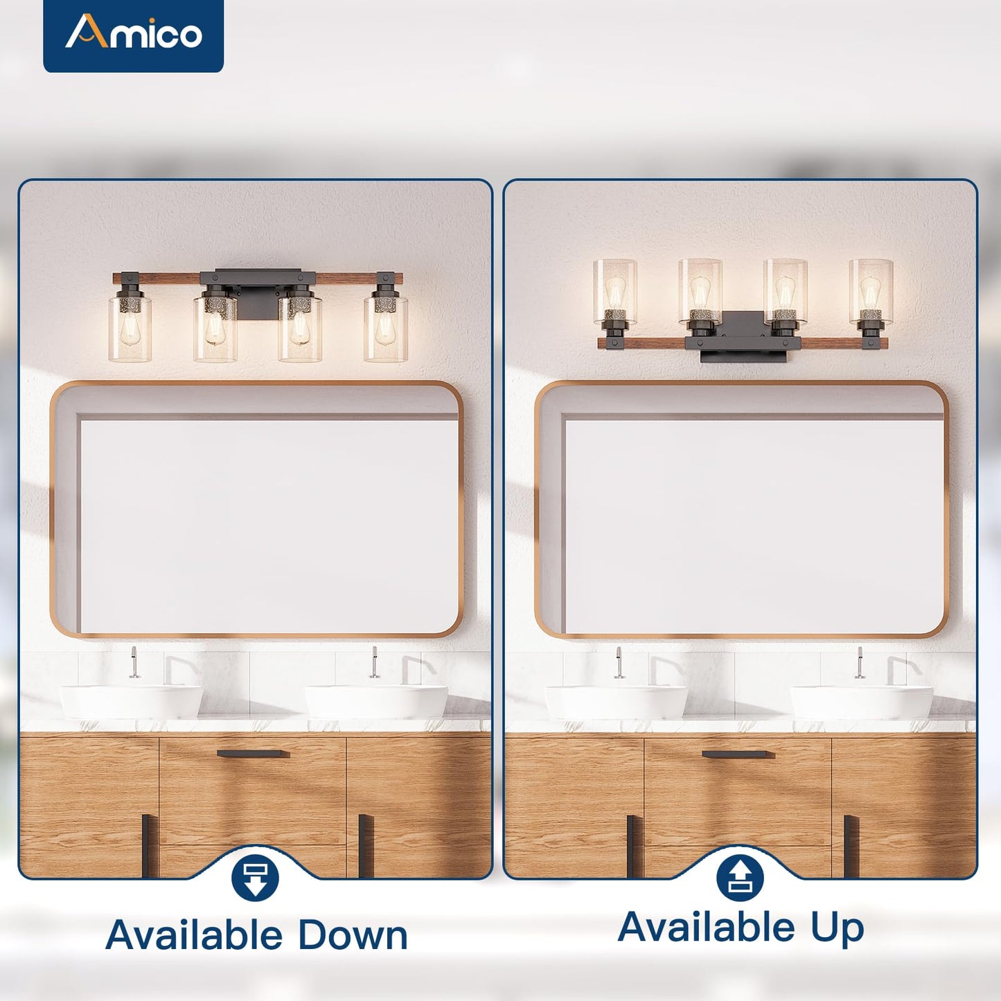 Amico Farmhouse Bathroom Vanity Light Fixtures,Rustic 4-Light Industrial Painted Wood Lights,Vintage Black Wall Sconces Bathroom Vanity Lighting with Bubble Glass Shade