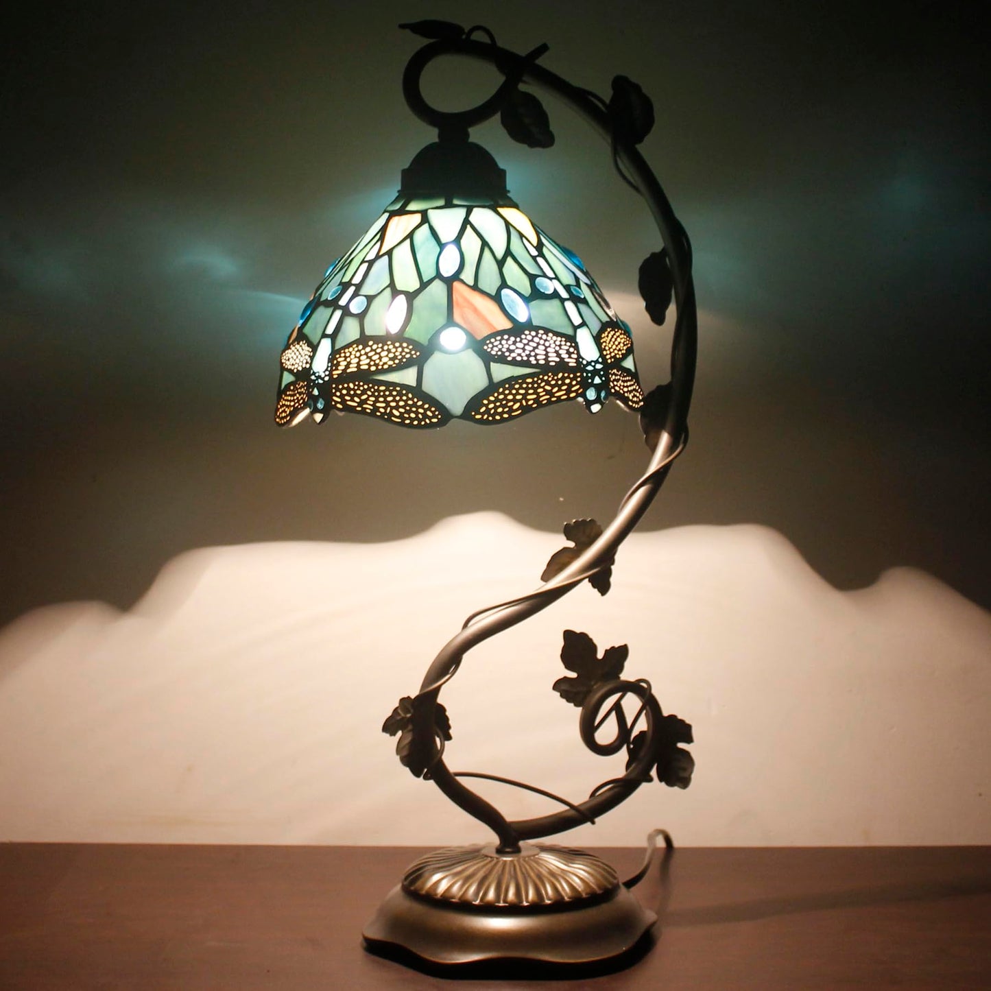 WERFACTORY Tiffany Lamp Sea Blue Stained Glass Dragonfly Style Desk Reading Light, Metal Leaf Table Lamp Base 8X10X21 Inches Decor Small Space Bedside Bedroom Home Office S147 Series