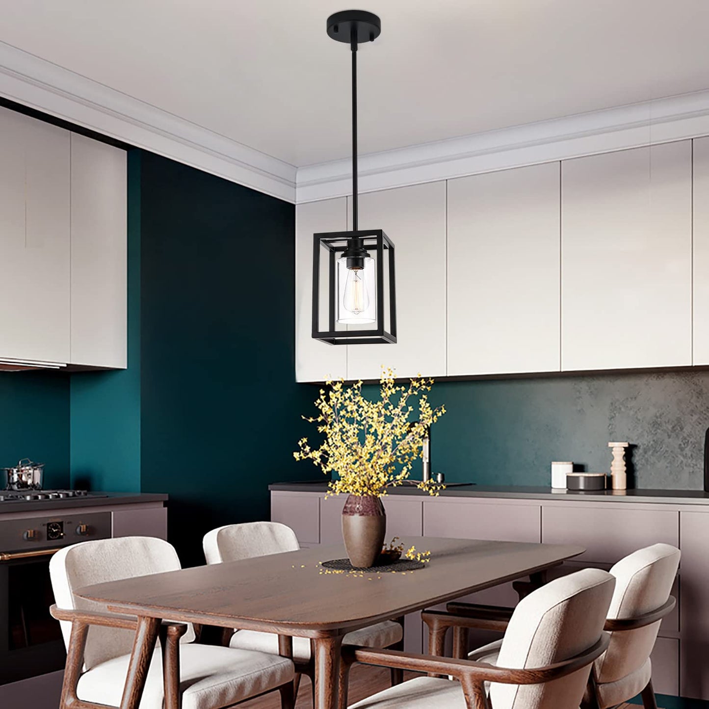 Kitchen Pendant Lighting Over Island, 1-Light Matte Black Farmhouse Pendant Light Fixtures, Rectangle Linear Metal Hanging Lighting Fixture with Clear Glass Shade for Dining Room Entryway Hallway