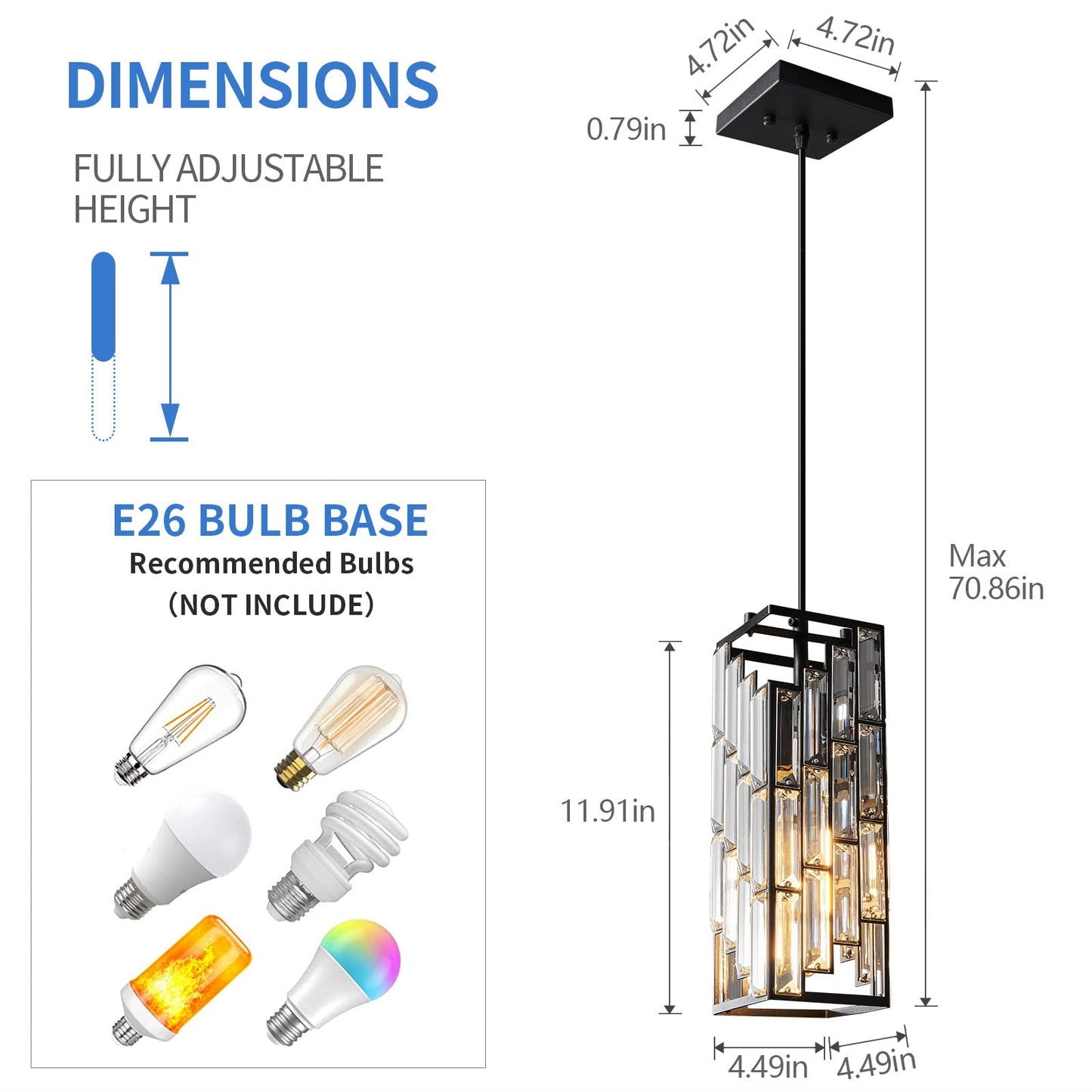FDPBY Black Pendant Lighting Modern Pendant Light, Mini Crystal Chandeliers,Adjustable Pendant Light Fixture for Kitchen Island Dinning Room Bedroom (3 Pack)