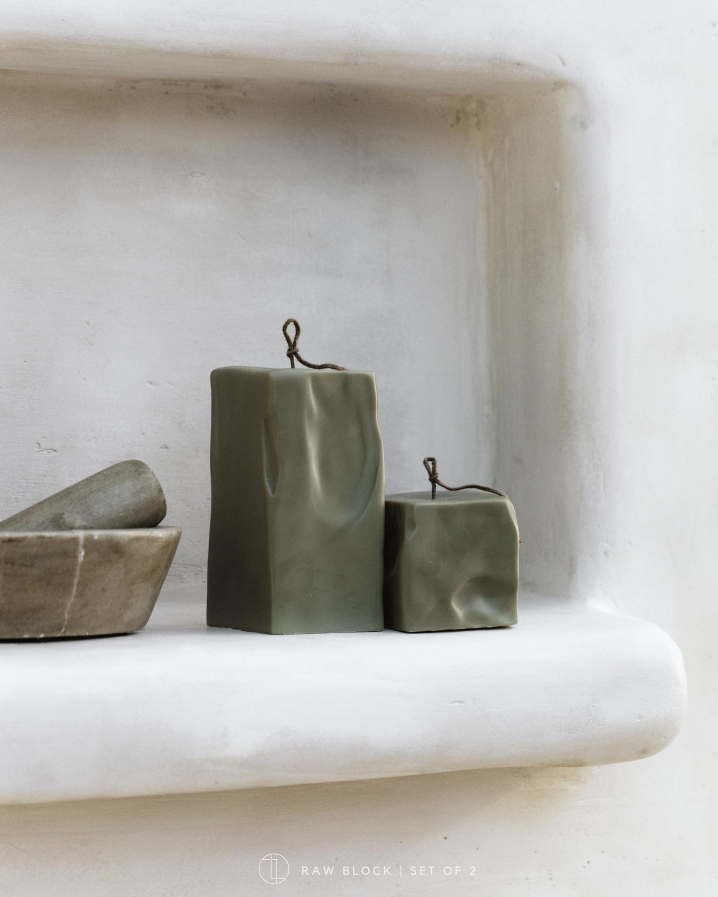 LAWA Raw Block Set of 2 Candle - Beautiful Handmade Pillar Scented Soy Wax Elegant Aesthetic Candle Housewarming Gift Home Room Shelf Decor Idea (Earthy Green, Set of 2)