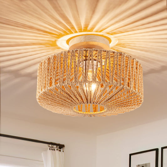 Zswanbei Boho Rattan Ceiling Light - Flush Mount Mini Chandelier Woven Light Fixture for Bedroom, Hallway, Entryway, Bathroom, Nursery