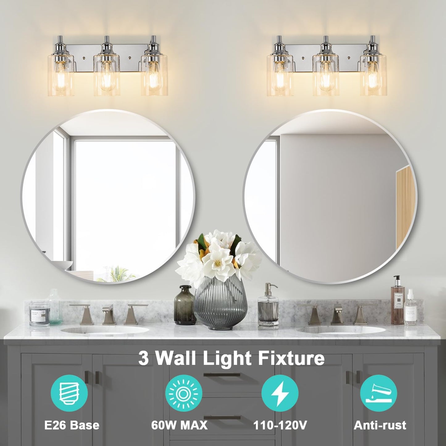ALAISLYC 3-Light Bathroom Light Fixtures Modern Chrome Vanity Lights for Bathroom Lighting Fixtures Over Mirror for Cabinet Mirror Bedroom Hallway