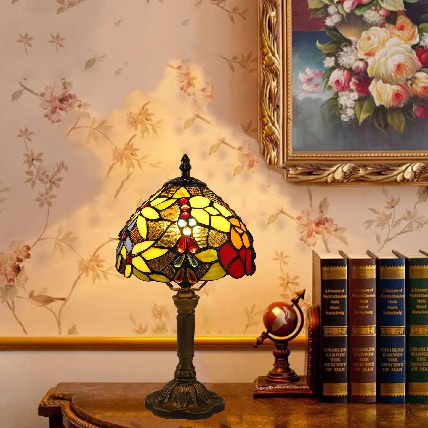 tuomoxte Tiffany Small Table Lamp for Bedroom Set of 2 Bedside Nightstand Lamp Rose Flower Grape Stained Glass Table Lamps for Living Room 3 Light Colors Tempertures Home Office Desk Lamps