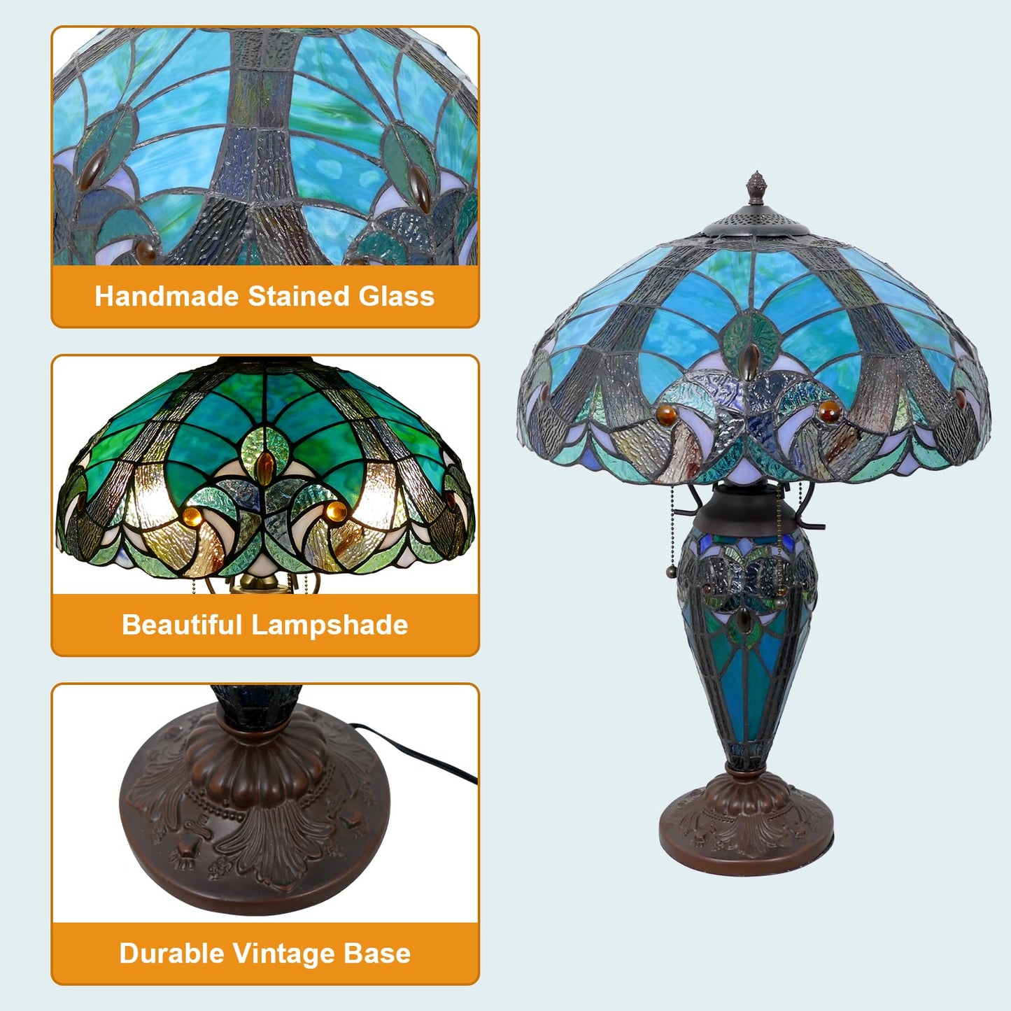 VirtueKing Tiffany Style Table Lamp 16 Inch Wide Green Tiffany Lamp Handmade Stained Glass Lamp 24" Tall Mother-Daughter Style Desk Reading Light Decor for Bedroom Living Room Home Office