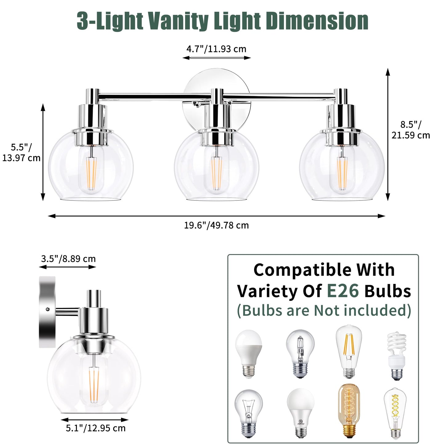 Espird 3 Lights Bathroom Vanity Light Fixtures Chrome, Bathroom Lights Over Mirror, Industrial and Farmhouse 3 Light Wall Sconce, Polished Chrome Globe Vanity Lighting Fixtures