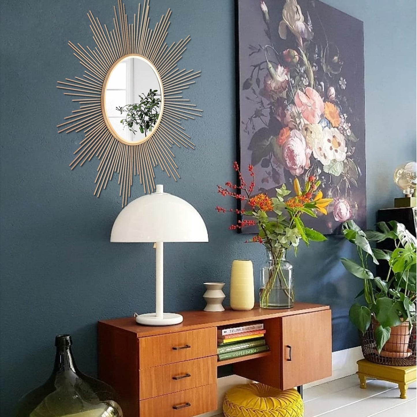 Cityelf 24'' Large Gold Sunburst Wall Mirror Boho Home Decor Round Wall Art Mirror for Living Room/Bedroom/Bathroom/Entryway