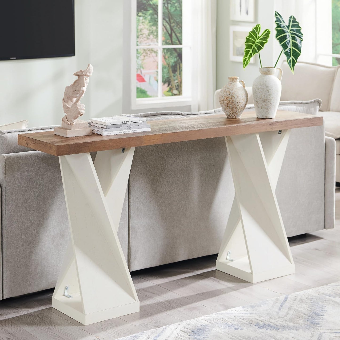 OKD Modern Entryway Table, 63" Twisted Console Table with Wood Pedestal, Farmhouse Sofa Table with Storage, Rustic Entry Table Tor Living Room, Entryway, Hallway, Antique White
