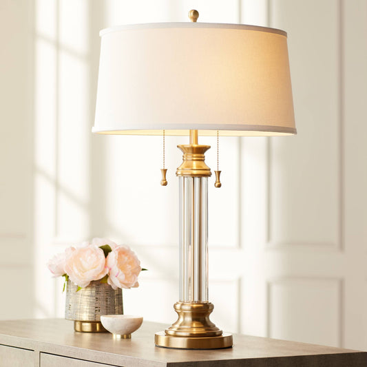 Vienna Full Spectrum Rolland Traditional Table Lamp 30" Tall Antique Brass Crystal Column Off White Tapered Drum Shade Decor for Living Room Bedroom House Bedside Nightstand Home Office Entryway