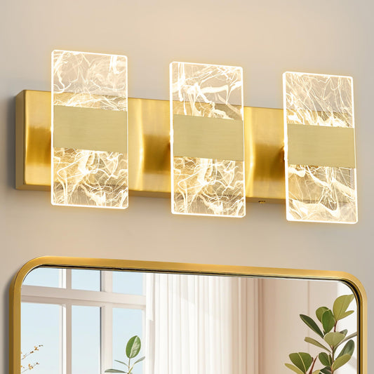 NADOSA Modern LED Bathroom Light Fixtures 3-Light Gold Vanitys Light, 5CCT Adjustable Lighting Fixture Vanity Lights Over Mirror, Smoked Acrylic LED Vanity Lights for Bathroom