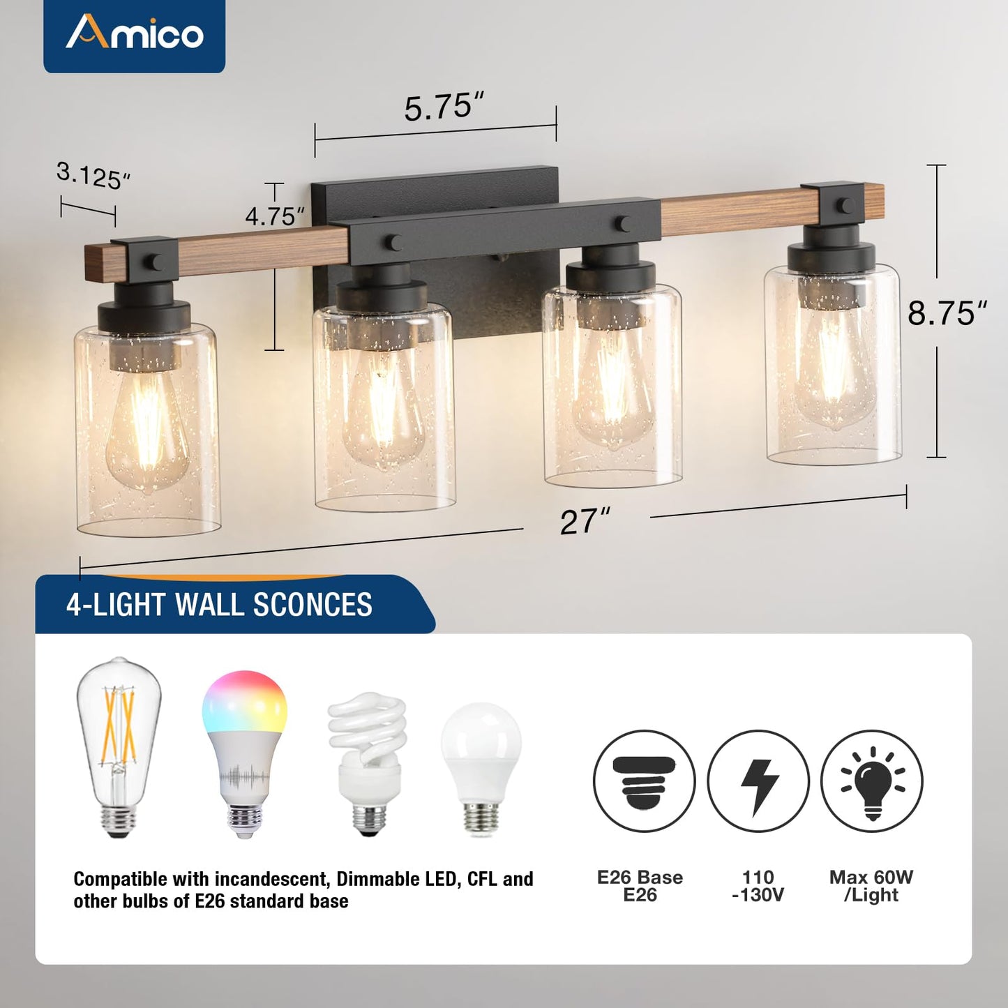 Amico Farmhouse Bathroom Vanity Light Fixtures,Rustic 4-Light Industrial Painted Wood Lights,Vintage Black Wall Sconces Bathroom Vanity Lighting with Bubble Glass Shade