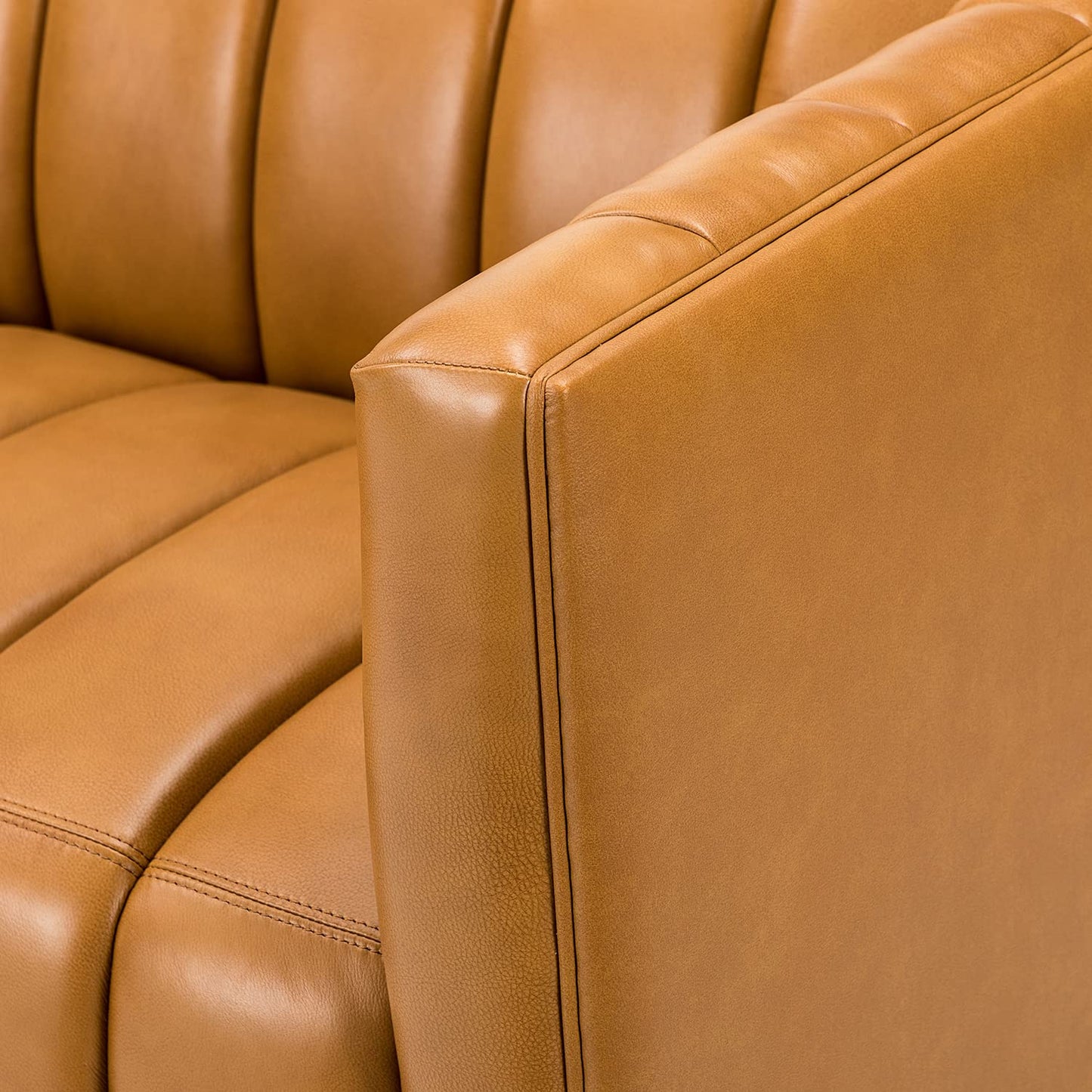 HULALA HOME 83" Genuine Leather Sofa, Sofa Leather for Living Room, 3 Seater Sofa Couch Top Layer Leather Large Sofa Furniture with Channel Tufted Seat Back & Square Arms (Camel)