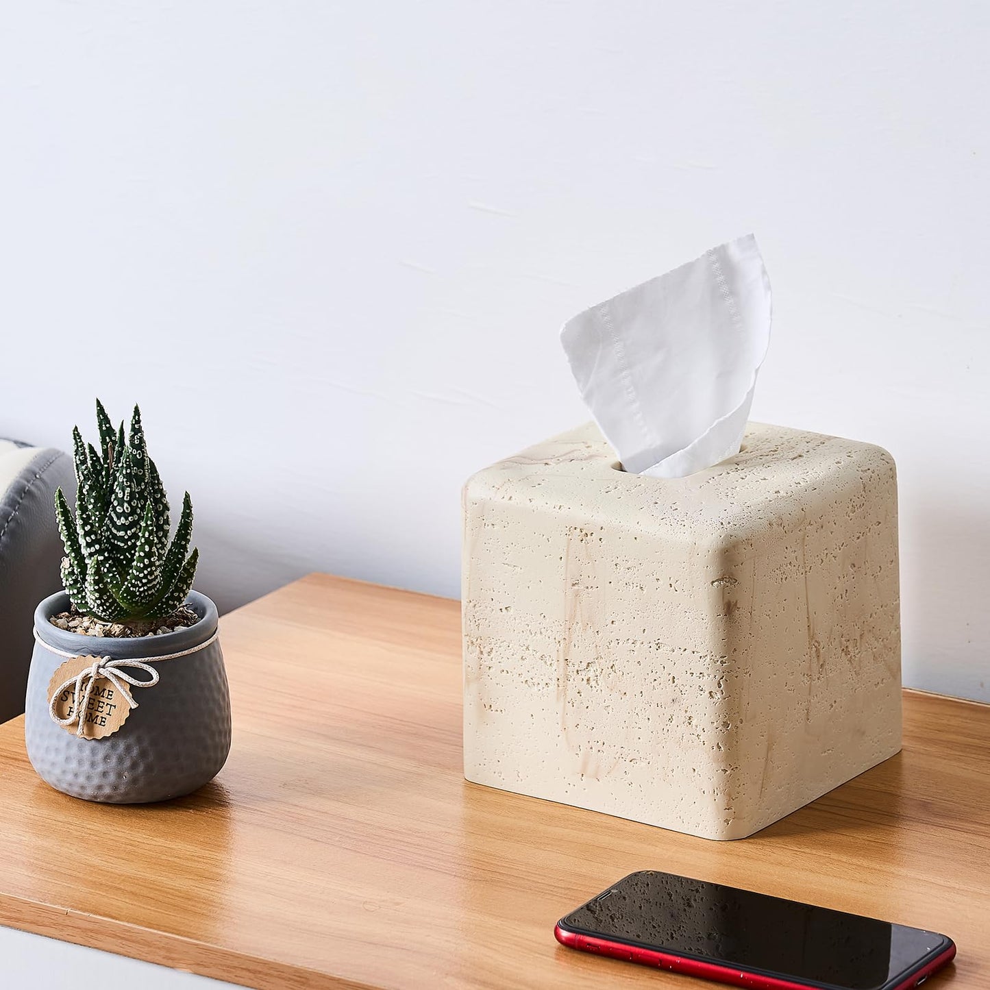 Natural Travertine Textures Tissue Box Cover Square for Home Decor,Resin Heavy Tissue Box Holder for Bathroom Countertop,Tabletop,Bedside Table,Office (Handmade of Resin)