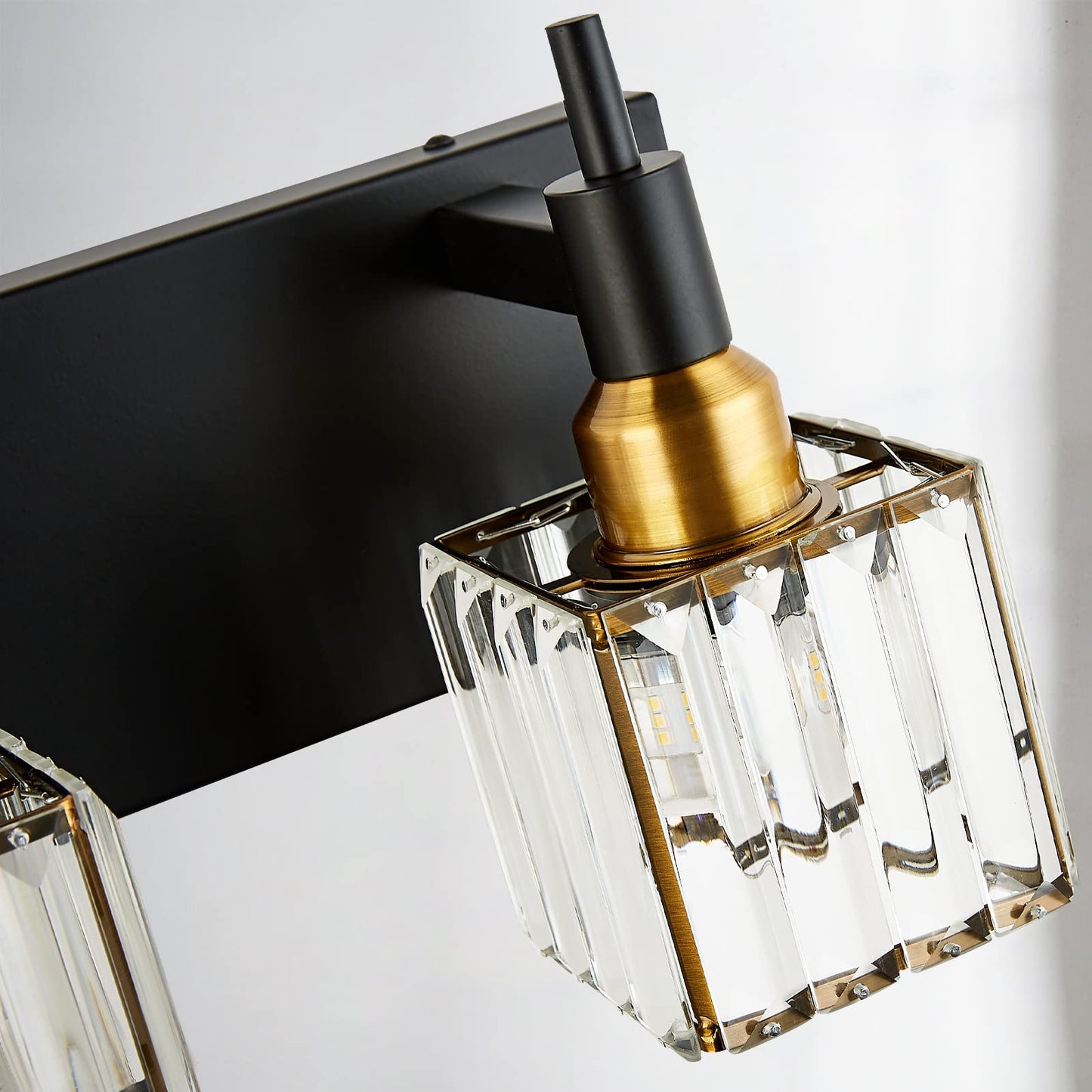 HUOKU Modern Crystal Bathroom Vanity Light 3-Light Brass Wall Light Fixtures Over Mirror Black and Gold Vanity Lighting for Bathroom Square Shade Brass Wall Sconce