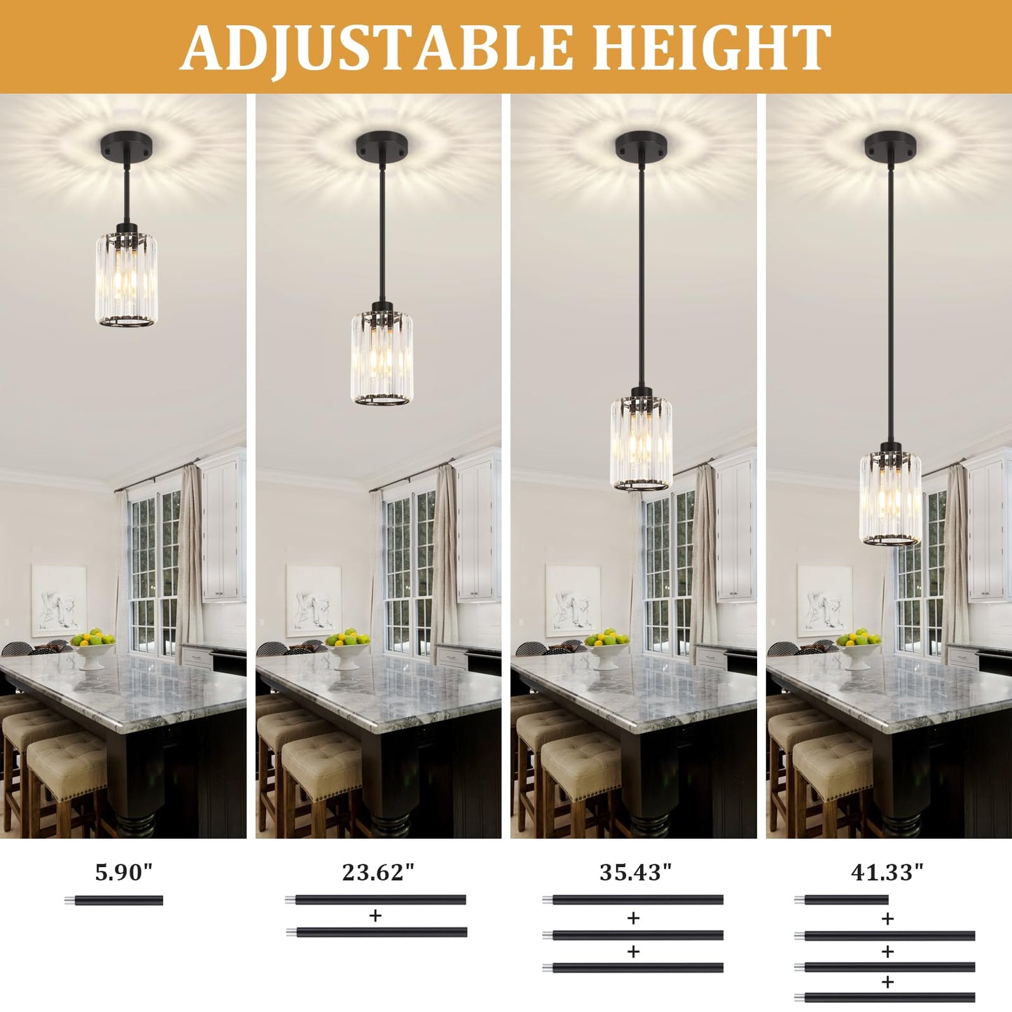 ZSMIHDOH 2 Pack Black Pendant Light, Modern Crystal Pendant Lights Kitchen Island Lighting, Hanging Light Fixtures Mini Chandelier Pendant Lights for Island Dining Room Hallway Bedroom