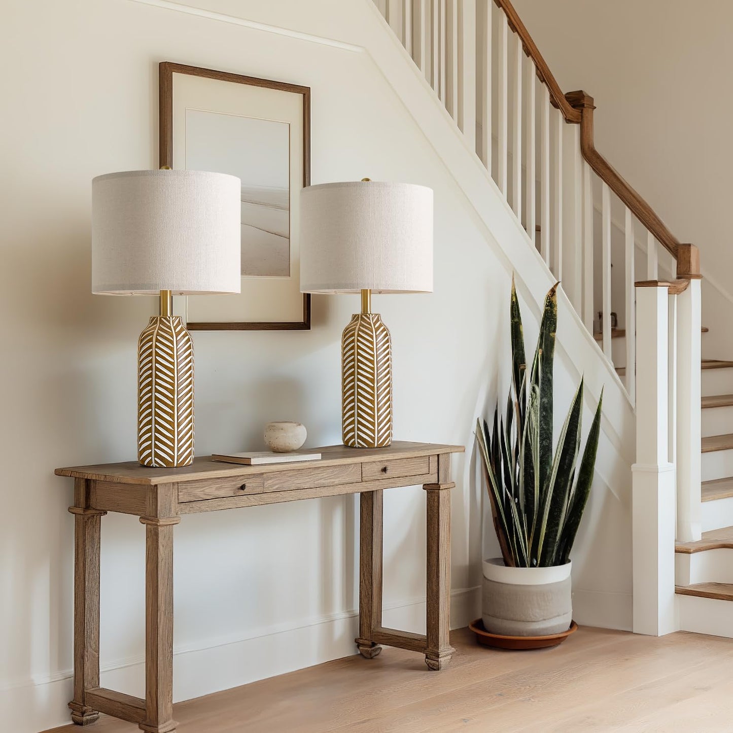 BOBOMOMO 26" Farmhouse Table Lamps Set of 2 - Vintage Leaf Design, Rustic Resin Nightstand Lamps for Bedroom, Living Room, Nursery, Hallway, Elegant Living Room Lamps with Linen Shades Antique Brown