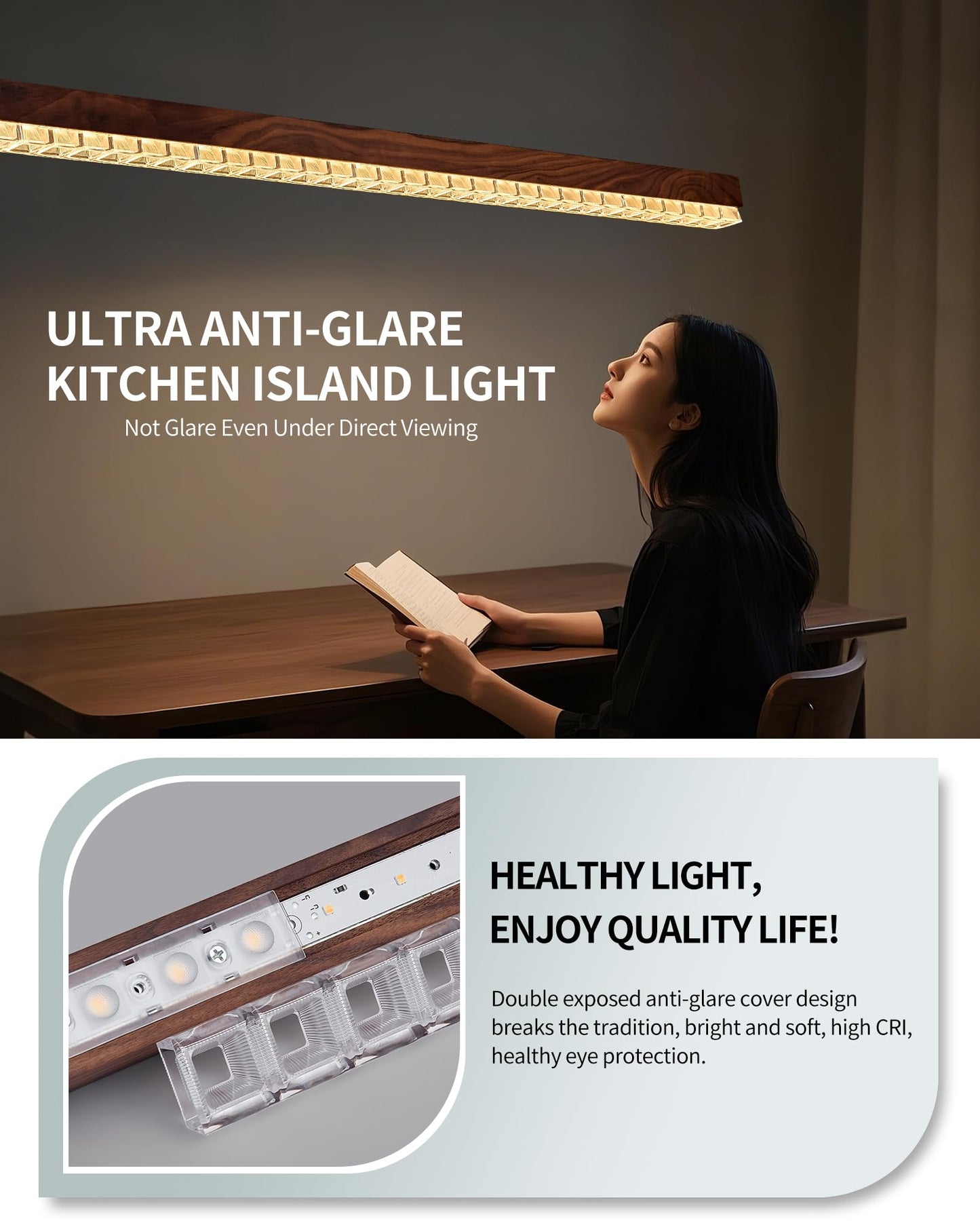 47" Wood Linear Pendant Light, Dimmable Kitchen Island Lighting with Remote, 30W LED Island Lights for Kitchen, Adjustable Linear Chandelier for Dinning Room Light Fixture,Pool Table Light - Walnut